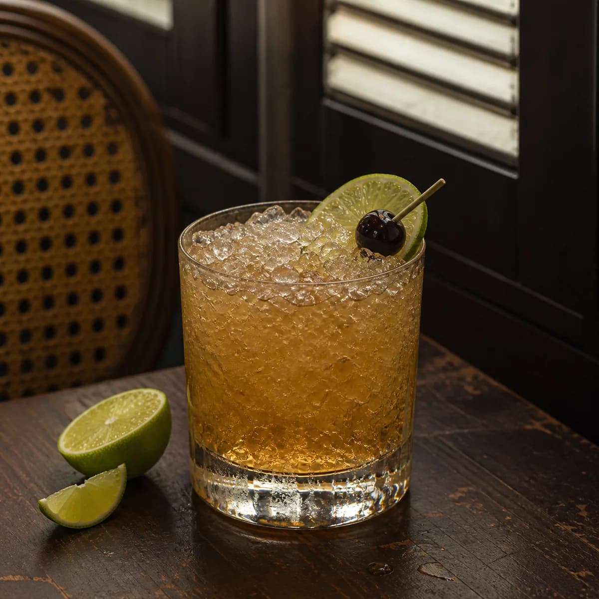 Test Pilot in a heavy low rocks glass styled in a quiet colonial gallery bar with worn cane furniture, dark mahogany and cream shutters.