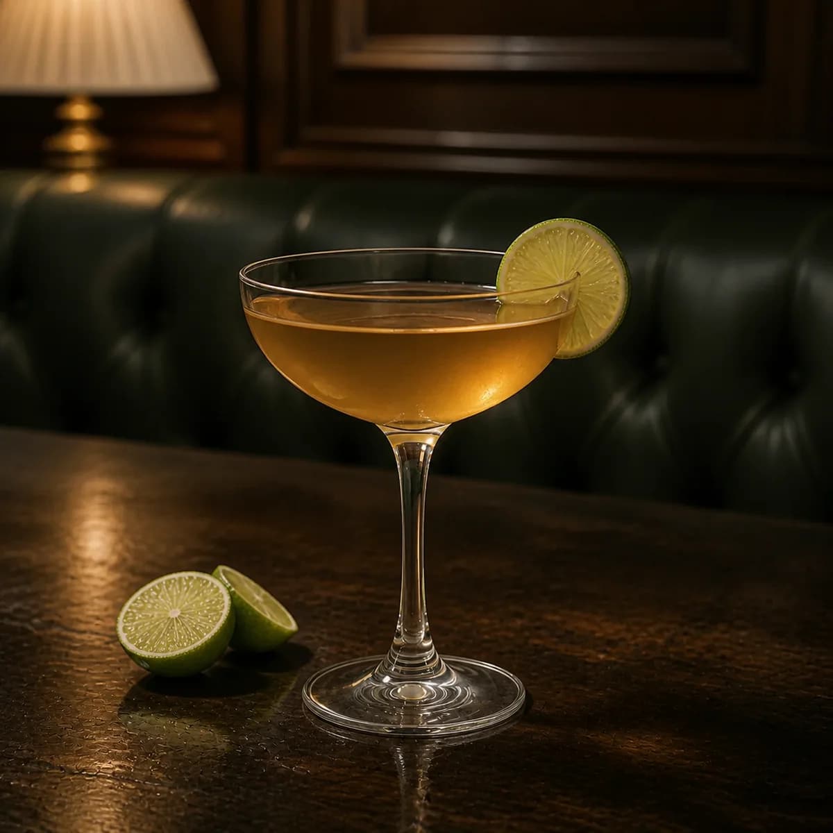 The Business in a clear shallow coupe styled in a quiet old hotel bar with sage leather, dark oak and one shaded brass lamp.