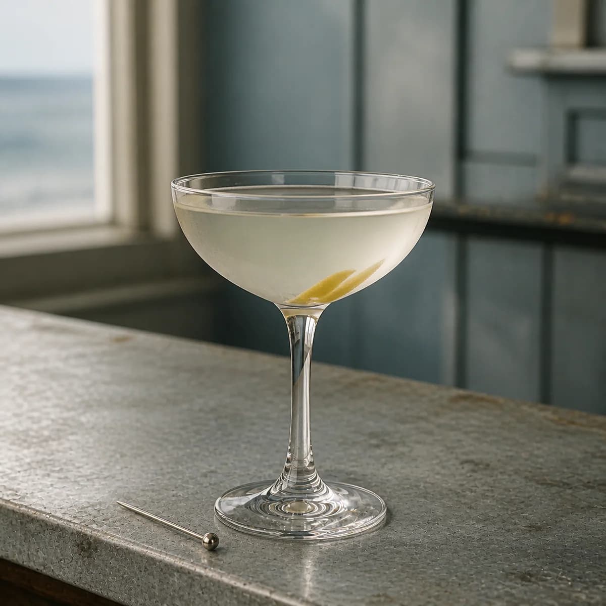 Third Degree in a clear shallow coupe styled in a coastal brasserie bar with weathered blue-gray paneling, zinc counter and hazy sea light.
