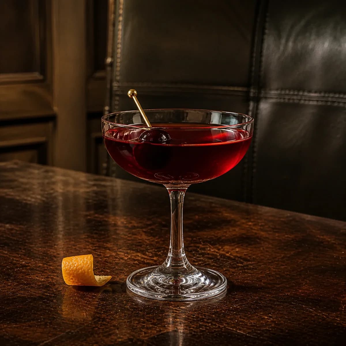 Thistle in a clear shallow coupe styled in a private library bar with deep olive leather, natural creases, off-centre seams and aged walnut.