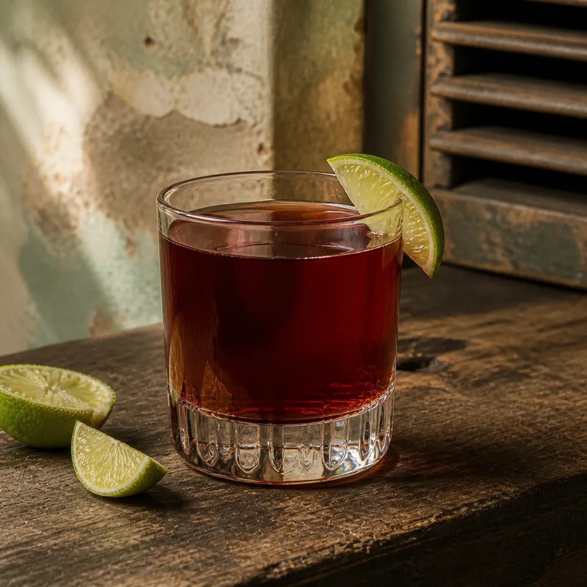 Ti’ Punch in a heavy low rocks glass styled in a lived-in Cuban veranda with aged mineral plaster, a soft off-centre shutter and worn dark wood.