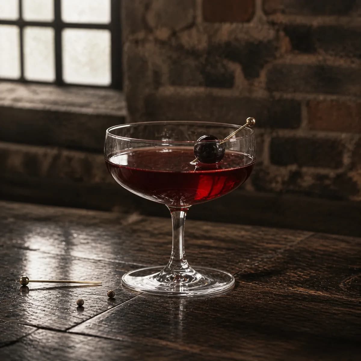 Tipperary in a clear shallow coupe styled in a refined warehouse tasting bar with rough brick, charred oak and one high factory window.