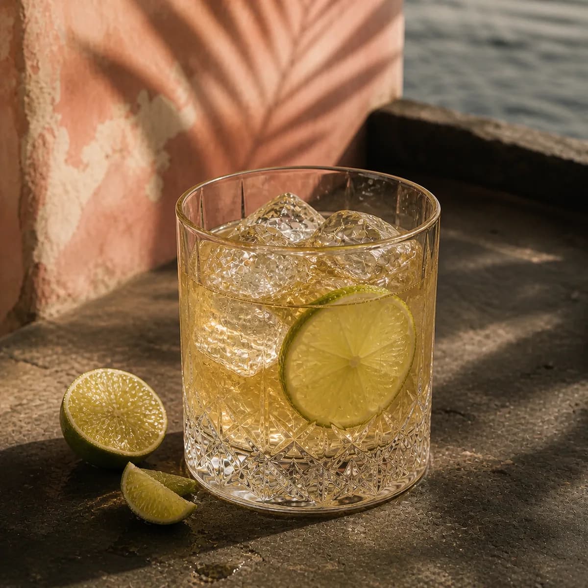 Tommy’s Margarita in a heavy low rocks glass styled in a quiet coastal Mexican bar with faded coral plaster, dark stone and a slatted palm shadow.