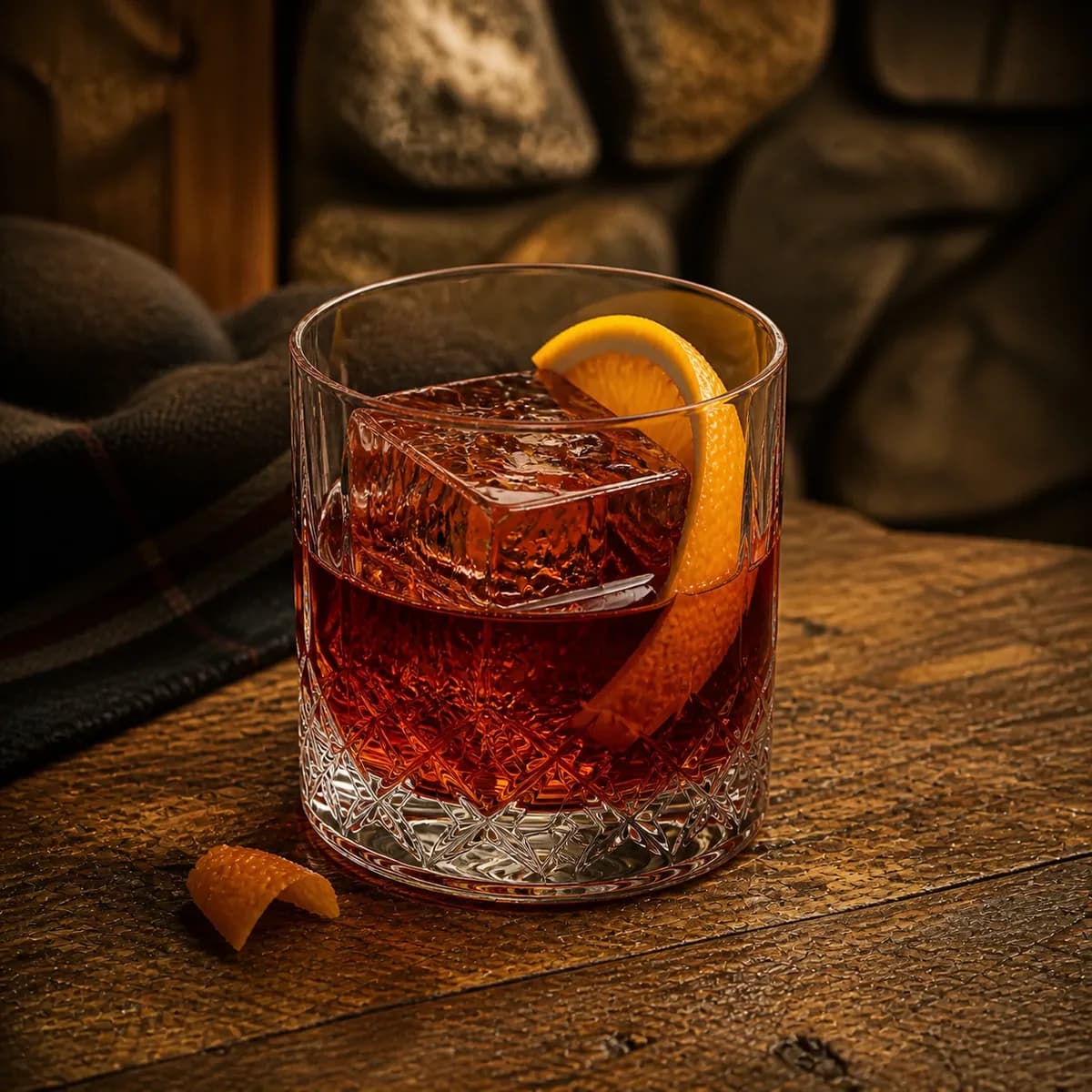 Toronto in a heavy low rocks glass styled in a mountain lodge bar with timeworn oak, dark wool and rough local stone.