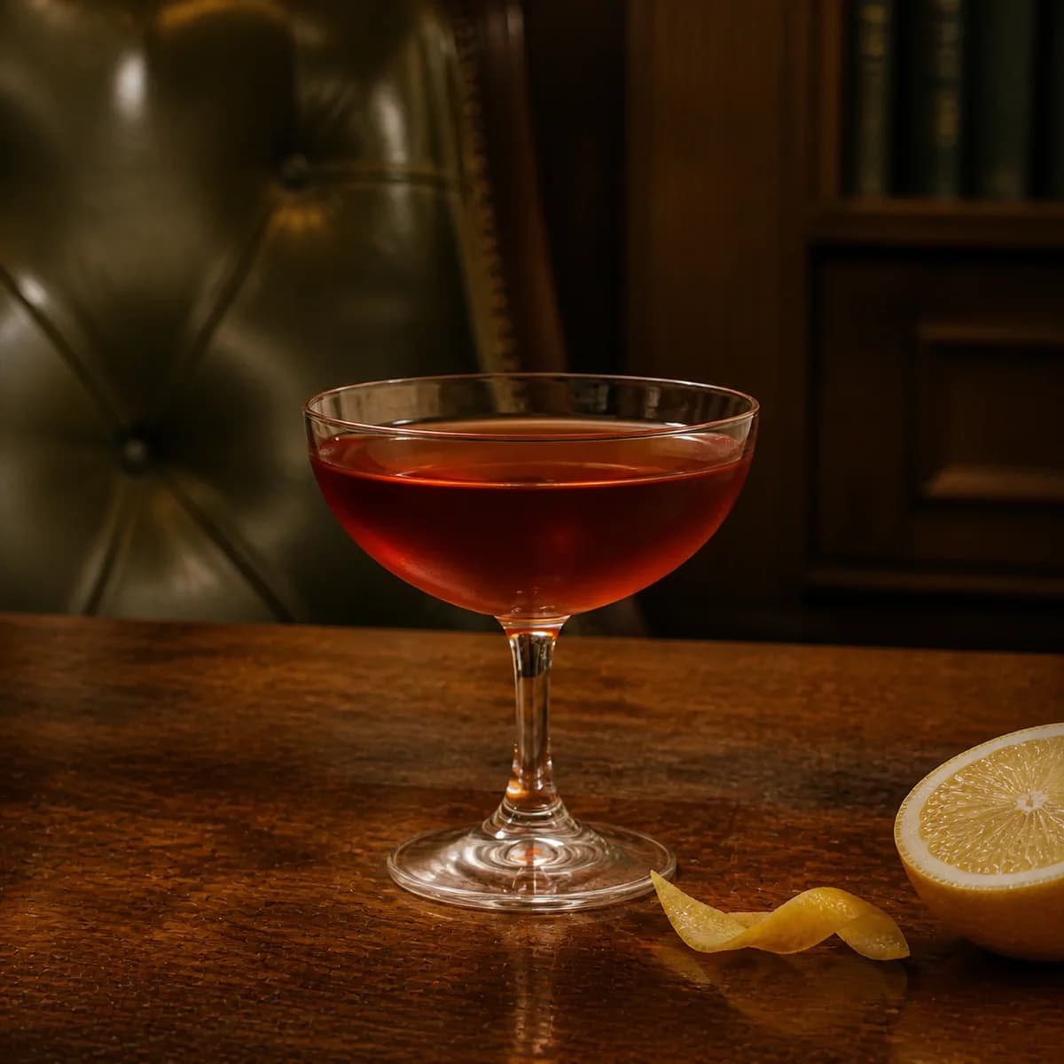 Trinidad Sour in a clear shallow coupe styled in a private library bar with deep olive leather, natural creases, off-centre seams and aged walnut.