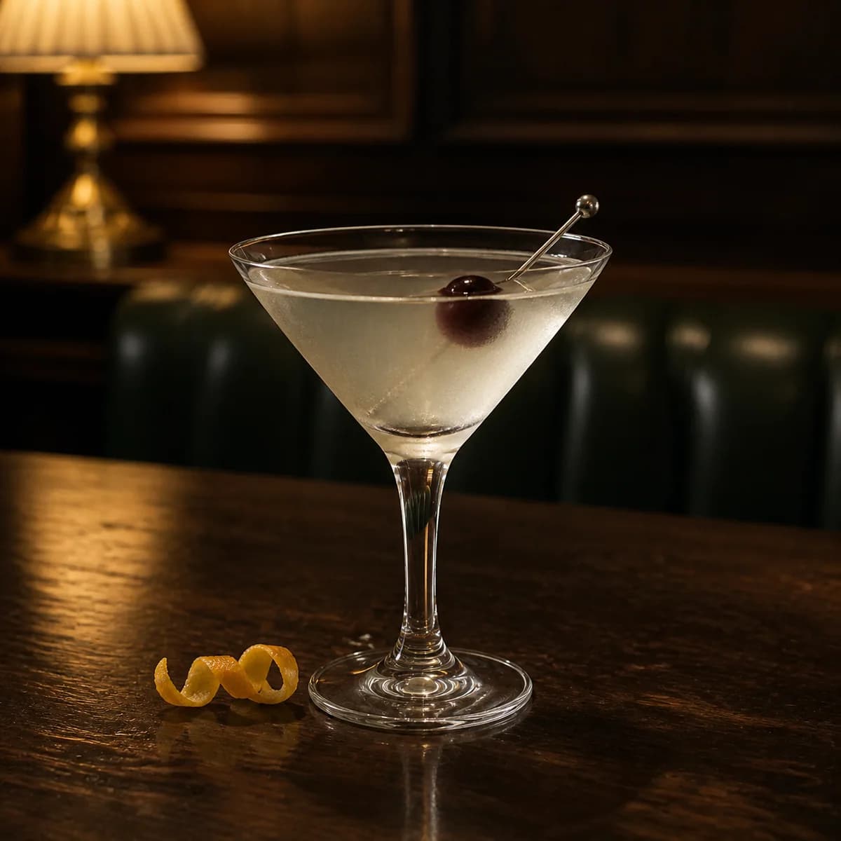 Tuxedo in a sharp V-shaped martini glass styled in a quiet old hotel bar with sage leather, dark oak and one shaded brass lamp.
