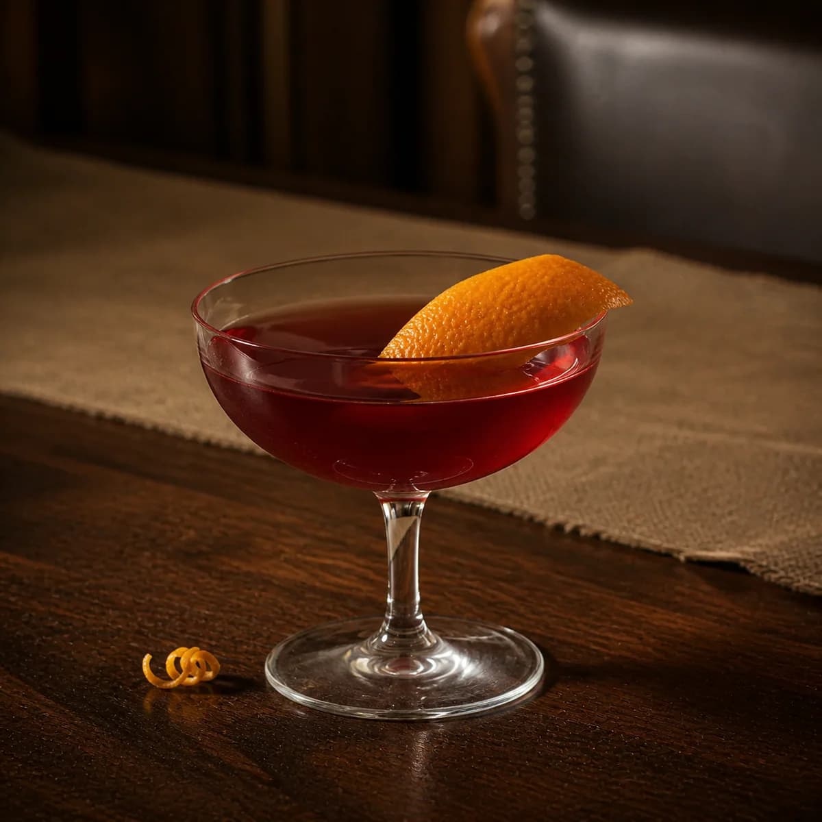 Twelve Miles Out in a clear shallow coupe styled in a quiet drawing-room bar with tobacco linen, walnut and one worn leather chair edge.