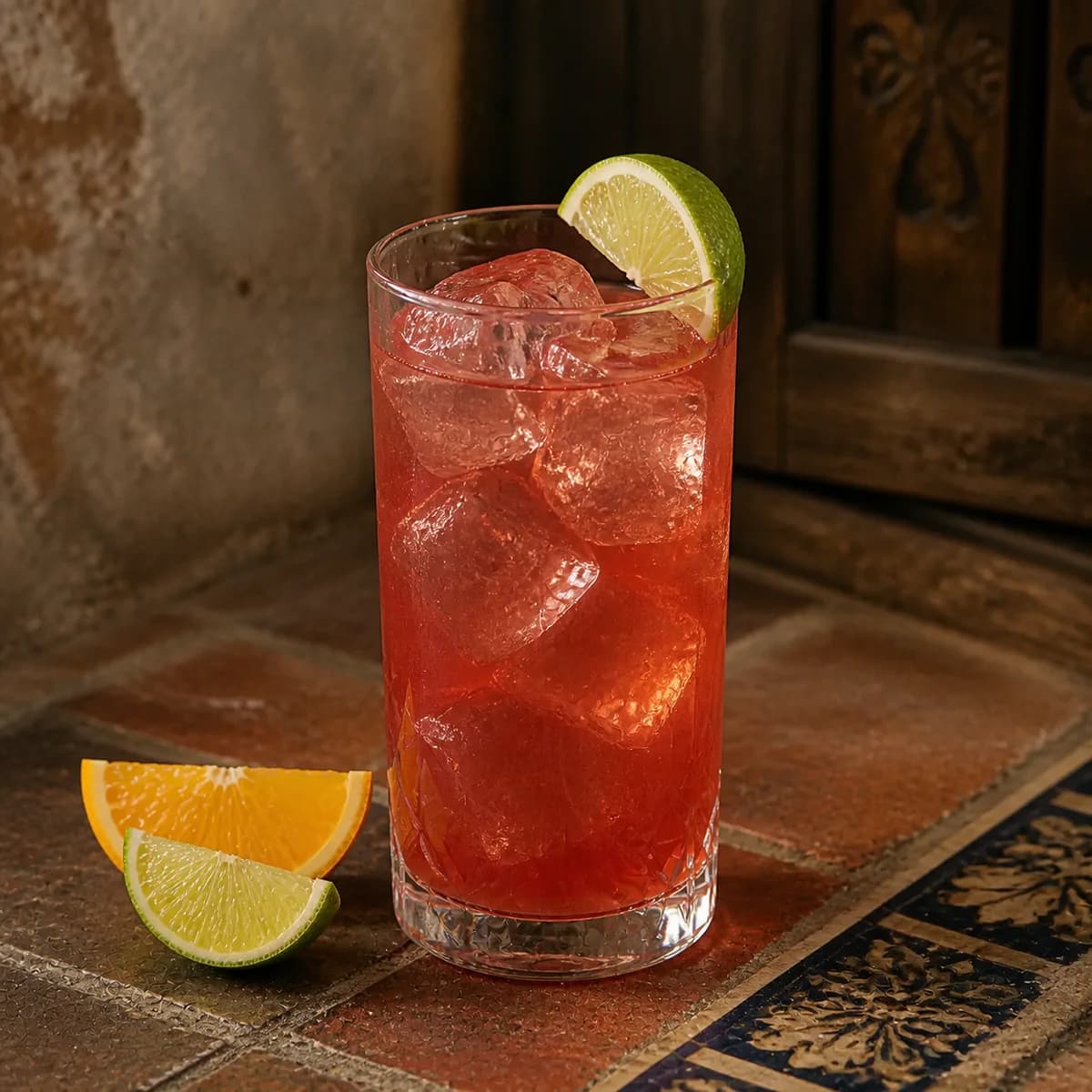 Vampiro in a tall straight-sided highball glass styled in an Oaxacan courtyard bar with smoke-darkened clay plaster, handmade tile and old timber.