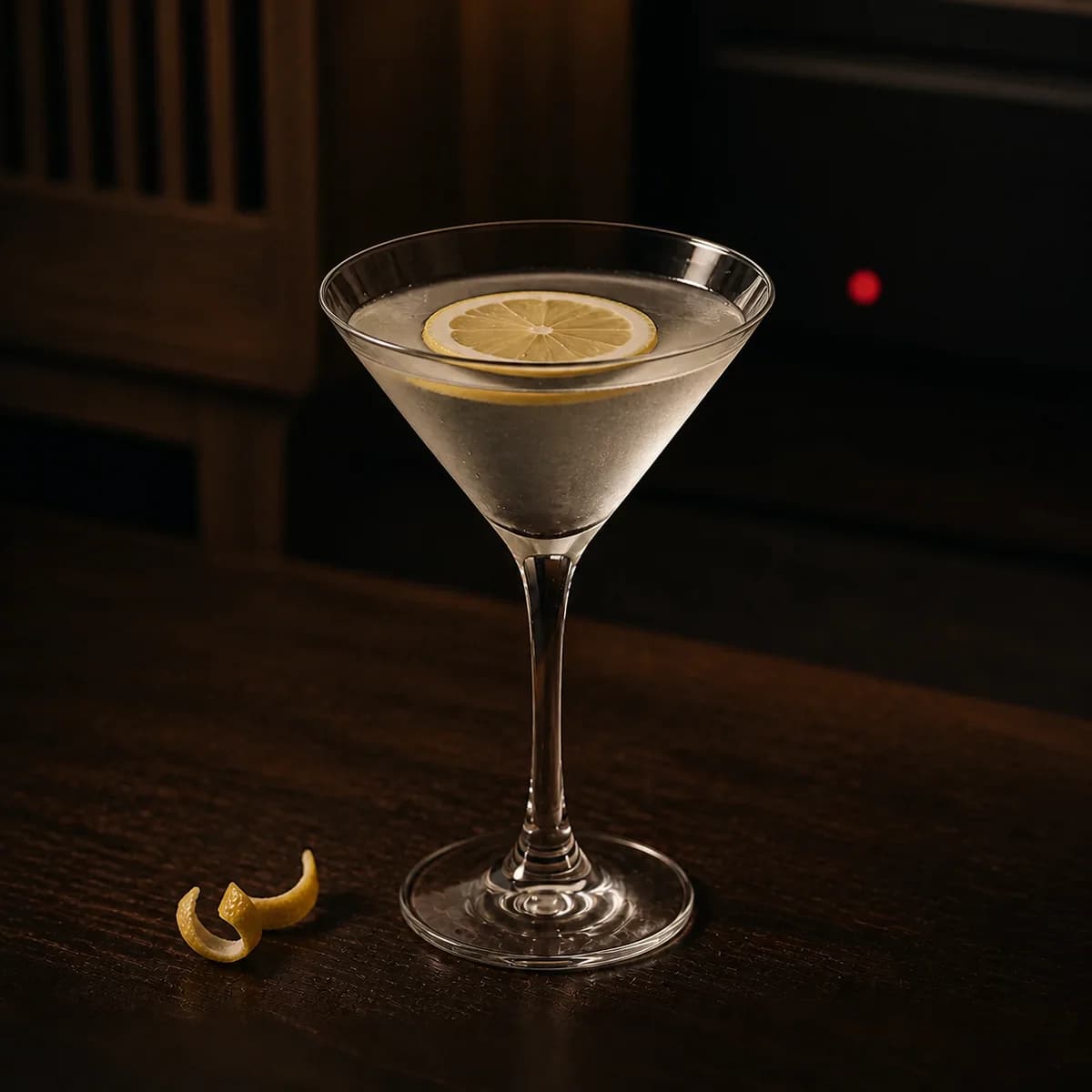 Vesper in a sharp V-shaped martini glass styled in a small listening bar with acoustic walnut, dark felt and a dim red indicator in the distance.