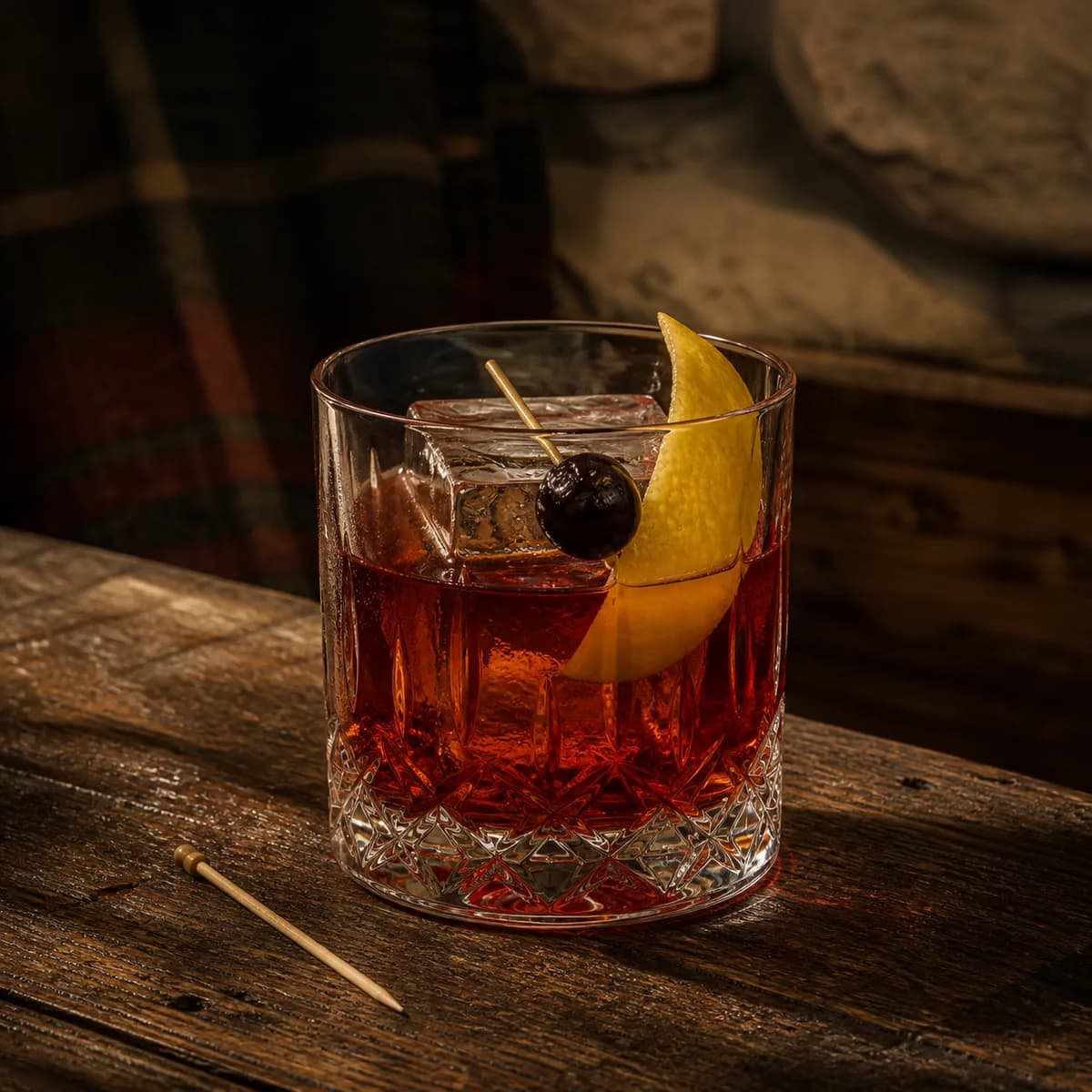 Vieux Carré in a heavy low rocks glass styled in a mountain lodge bar with timeworn oak, dark wool and rough local stone.