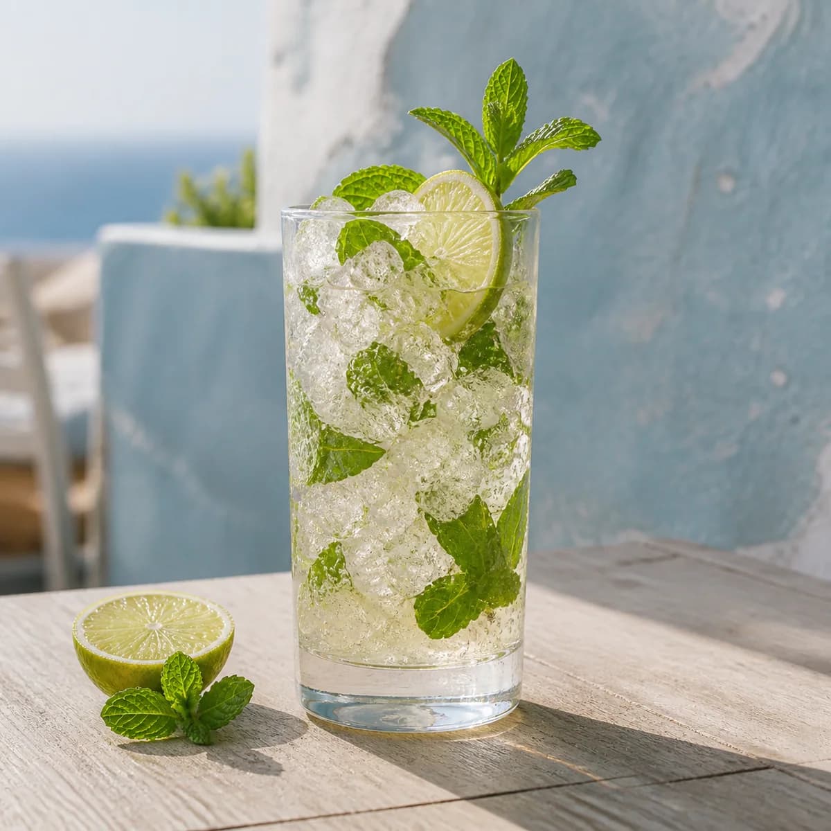 Virgin Mojito in a tall straight-sided highball glass styled in a breezy coastal café with chalky blue plaster, pale wood and distant sea haze.