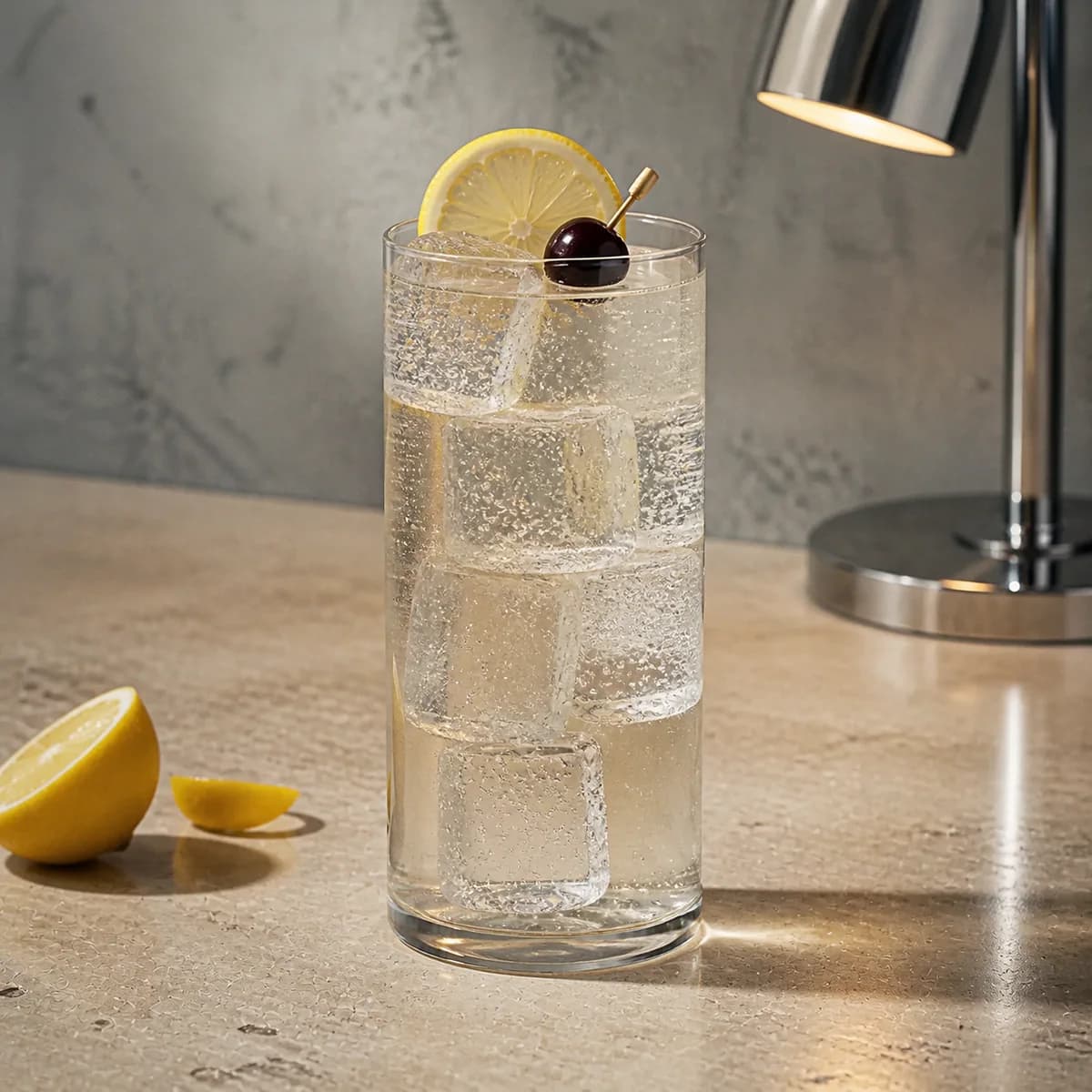 Vodka Collins in a tall straight-sided highball glass styled in a quiet minimalist bar with chalky gray plaster, pale travertine and one off-centre chrome light.