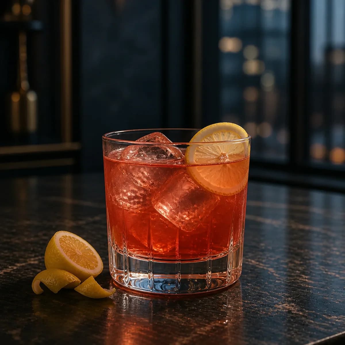 Vodka Daisy in a heavy low rocks glass styled in a contemporary city hotel bar with smoked navy walls, honed stone and distant window reflections.