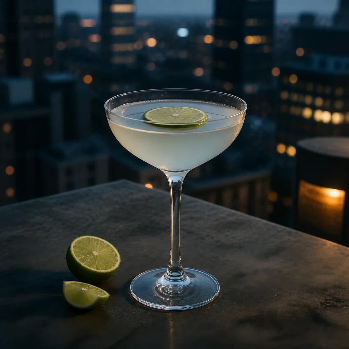 Vodka Gimlet in a clear shallow coupe styled in a city rooftop bar with weathered concrete, dark stone and defocused blue-hour windows.