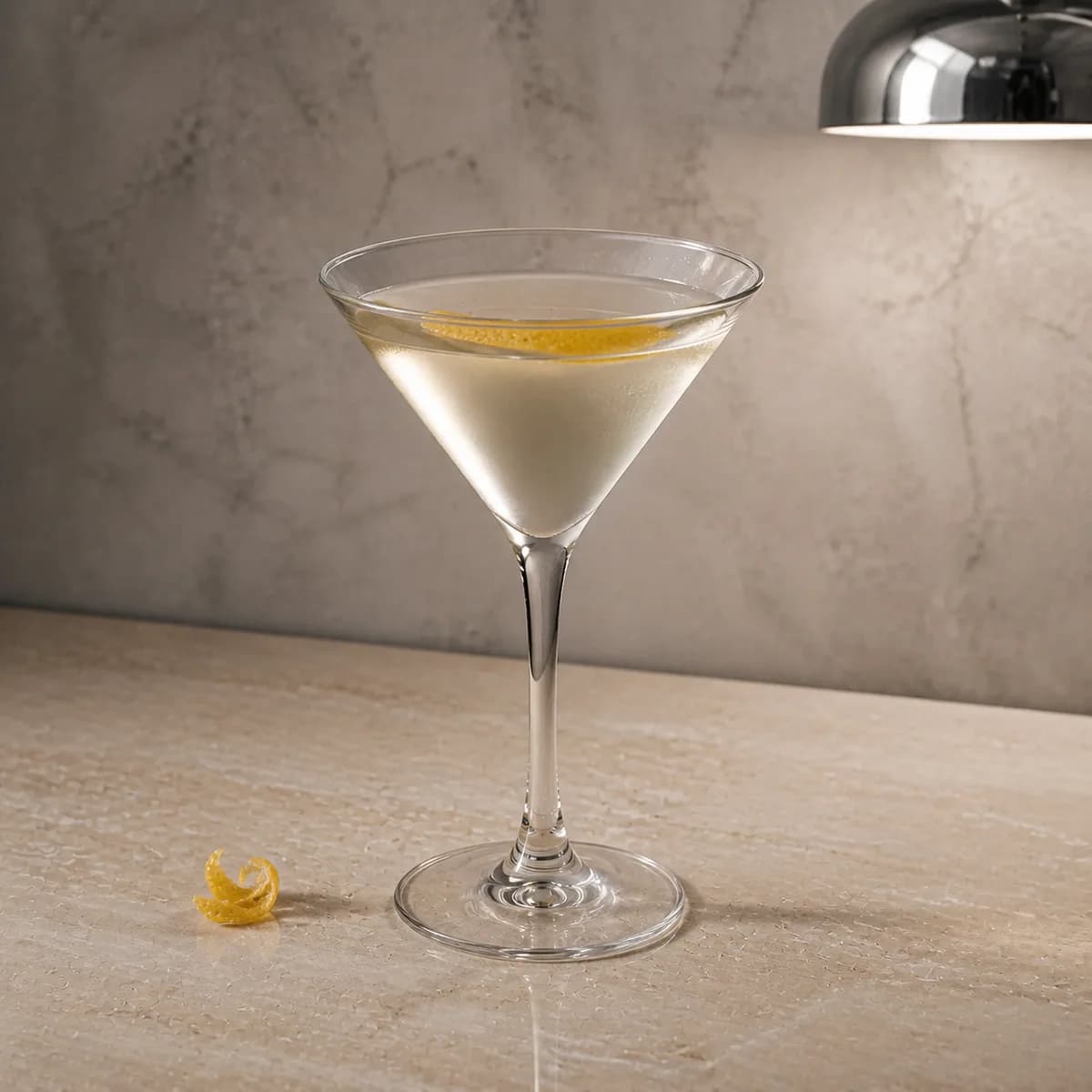Vodka Martini in a sharp V-shaped martini glass styled in a quiet minimalist bar with chalky gray plaster, pale travertine and one off-centre chrome light.