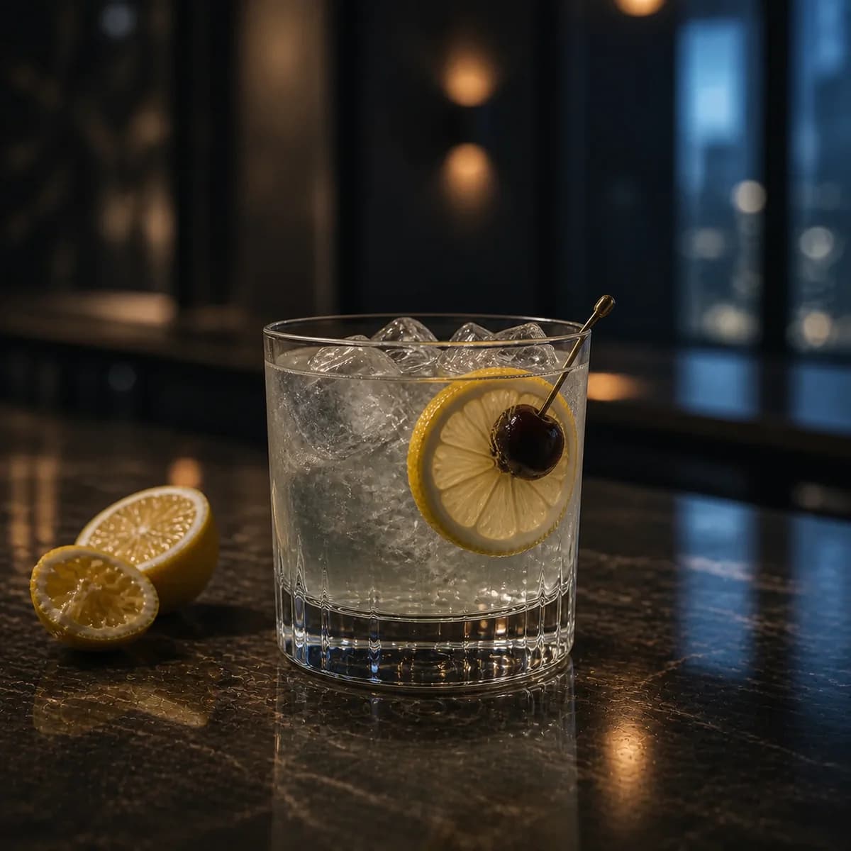Vodka Sour in a heavy low rocks glass styled in a contemporary city hotel bar with smoked navy walls, honed stone and distant window reflections.