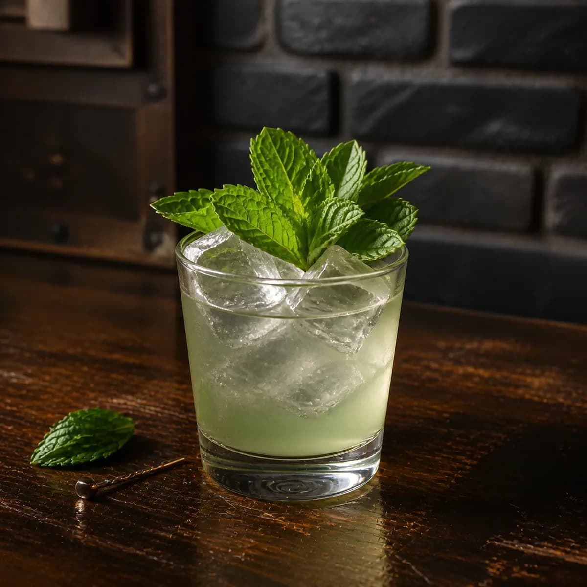 Vodka Stinger in a heavy low rocks glass styled in a lived-in industrial loft bar with charcoal brick, scratched walnut and aged metal details.