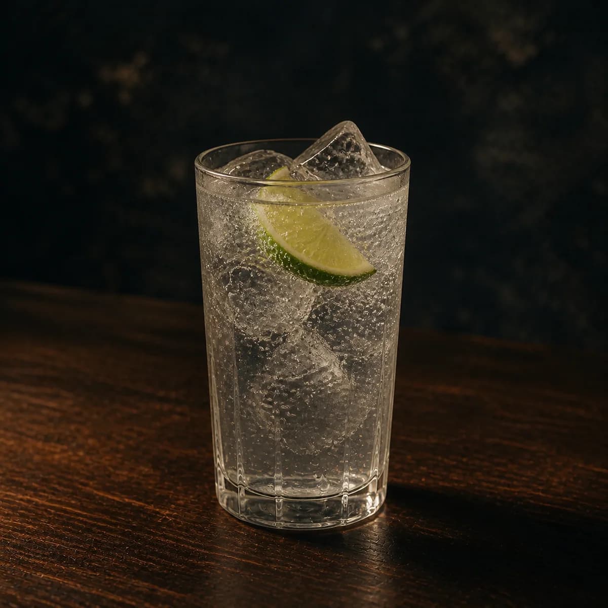 Vodka Tonic in a tall straight-sided highball glass styled in a small listening bar with acoustic walnut, dark felt and a dim red indicator in the distance.