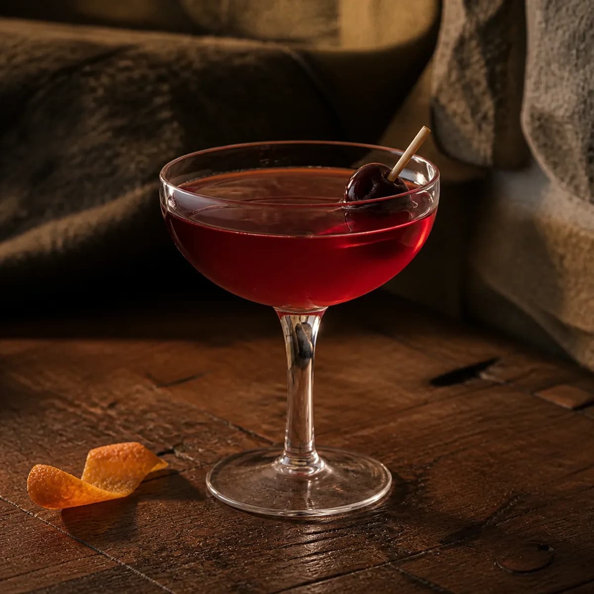 Waldorf in a clear shallow coupe styled in a mountain lodge bar with timeworn oak, dark wool and rough local stone.