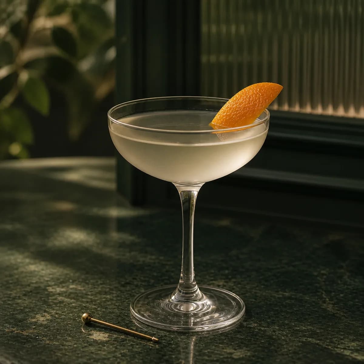 Wallick in a clear shallow coupe styled in a restrained botanical bar with dark green painted wood, ribbed glass and a few out-of-focus leaves.