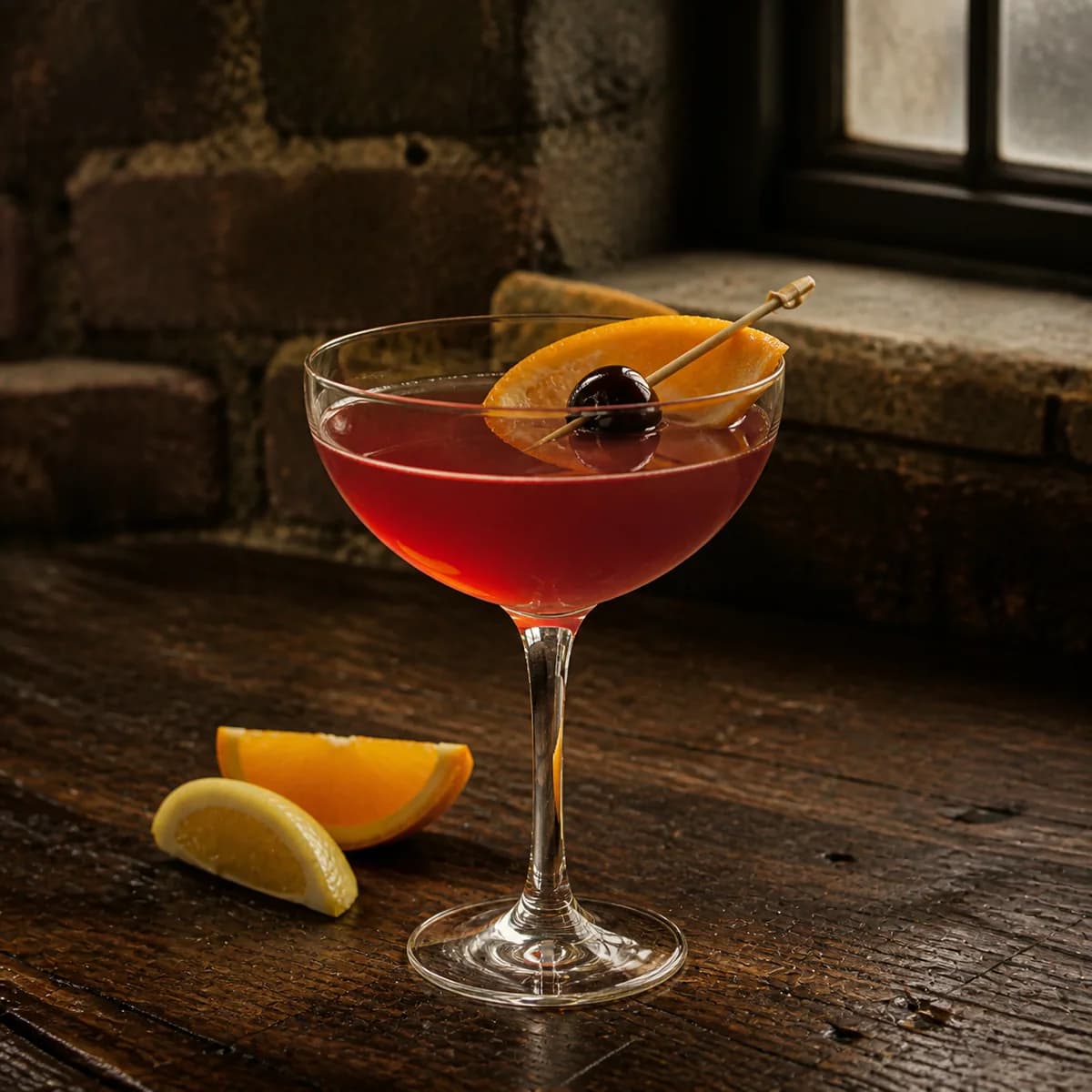 Ward 8 in a clear shallow coupe styled in a refined warehouse tasting bar with rough brick, charred oak and one high factory window.