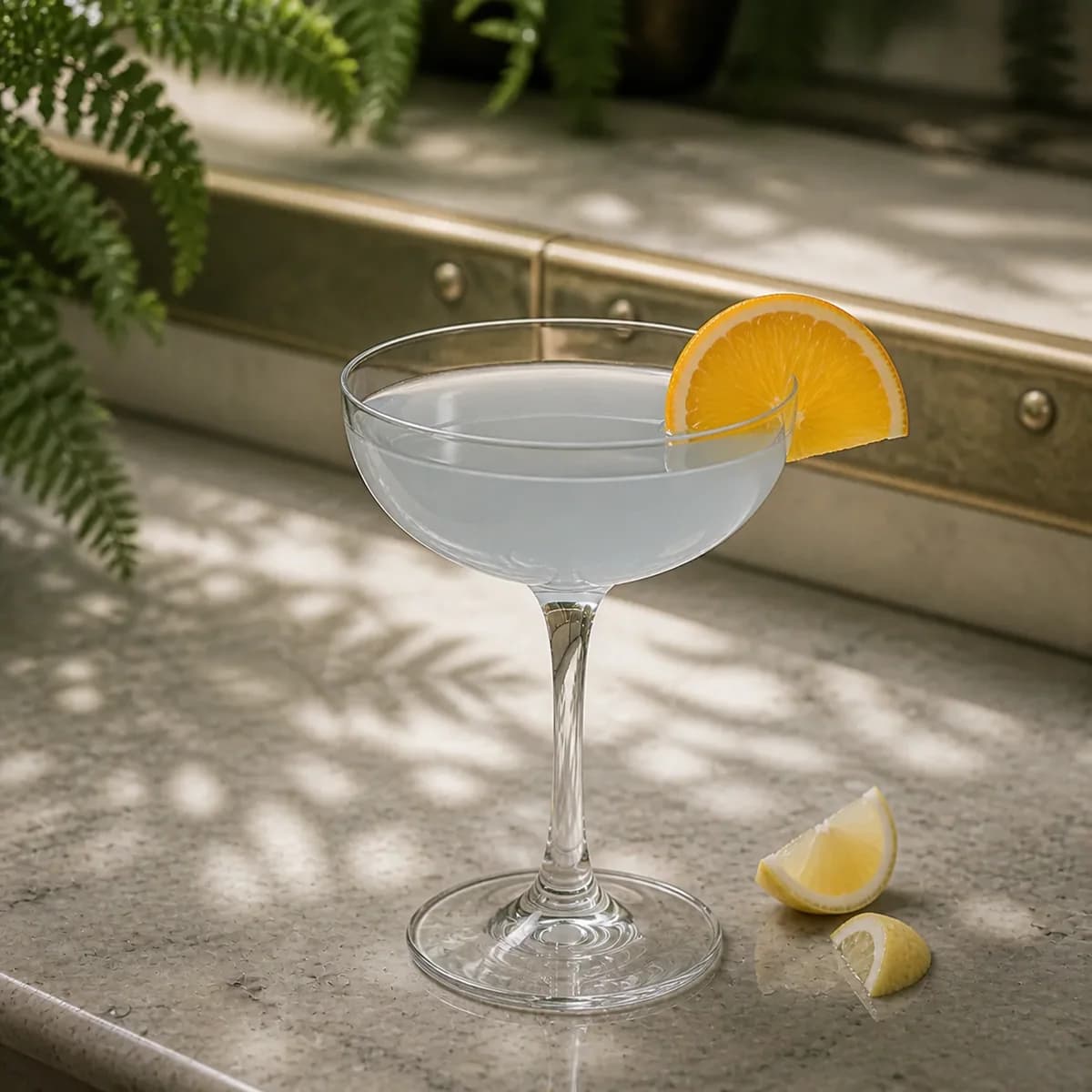 Water Lily in a clear shallow coupe styled in a glasshouse café bar with pale stone, fern shadows and lightly weathered brass.