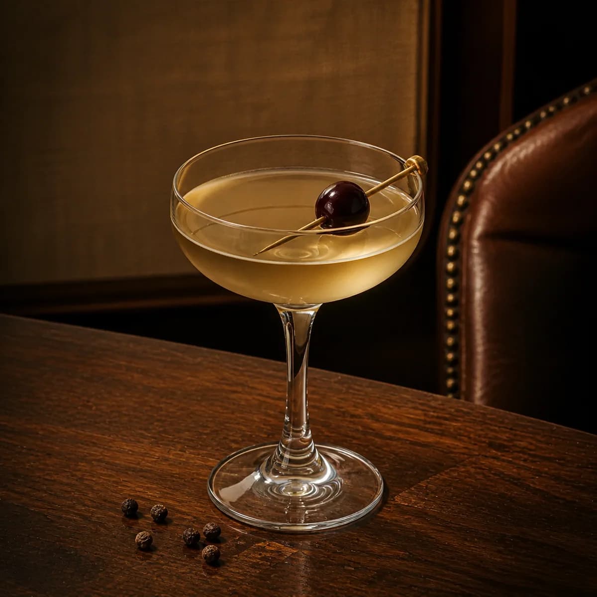 Wembley in a clear shallow coupe styled in a quiet drawing-room bar with tobacco linen, walnut and one worn leather chair edge.
