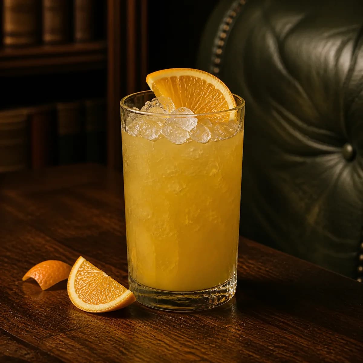 Whiskey Cobbler in a tall straight-sided highball glass styled in a private library bar with deep olive leather, natural creases, off-centre seams and aged walnut.