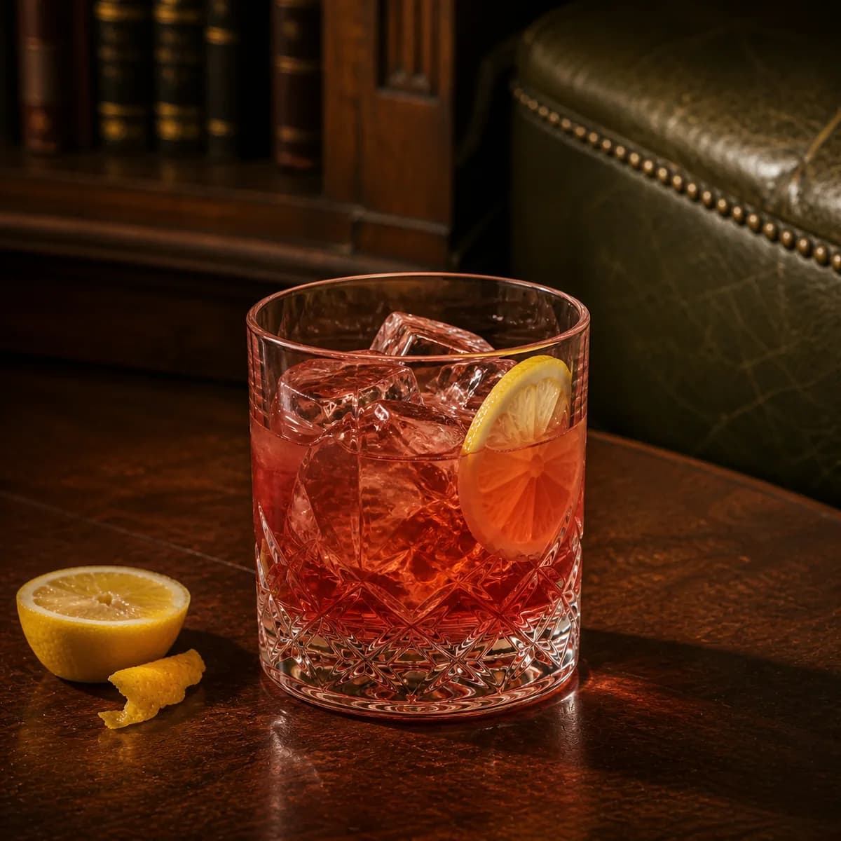 Whiskey Daisy in a heavy low rocks glass styled in a private library bar with deep olive leather, natural creases, off-centre seams and aged walnut.