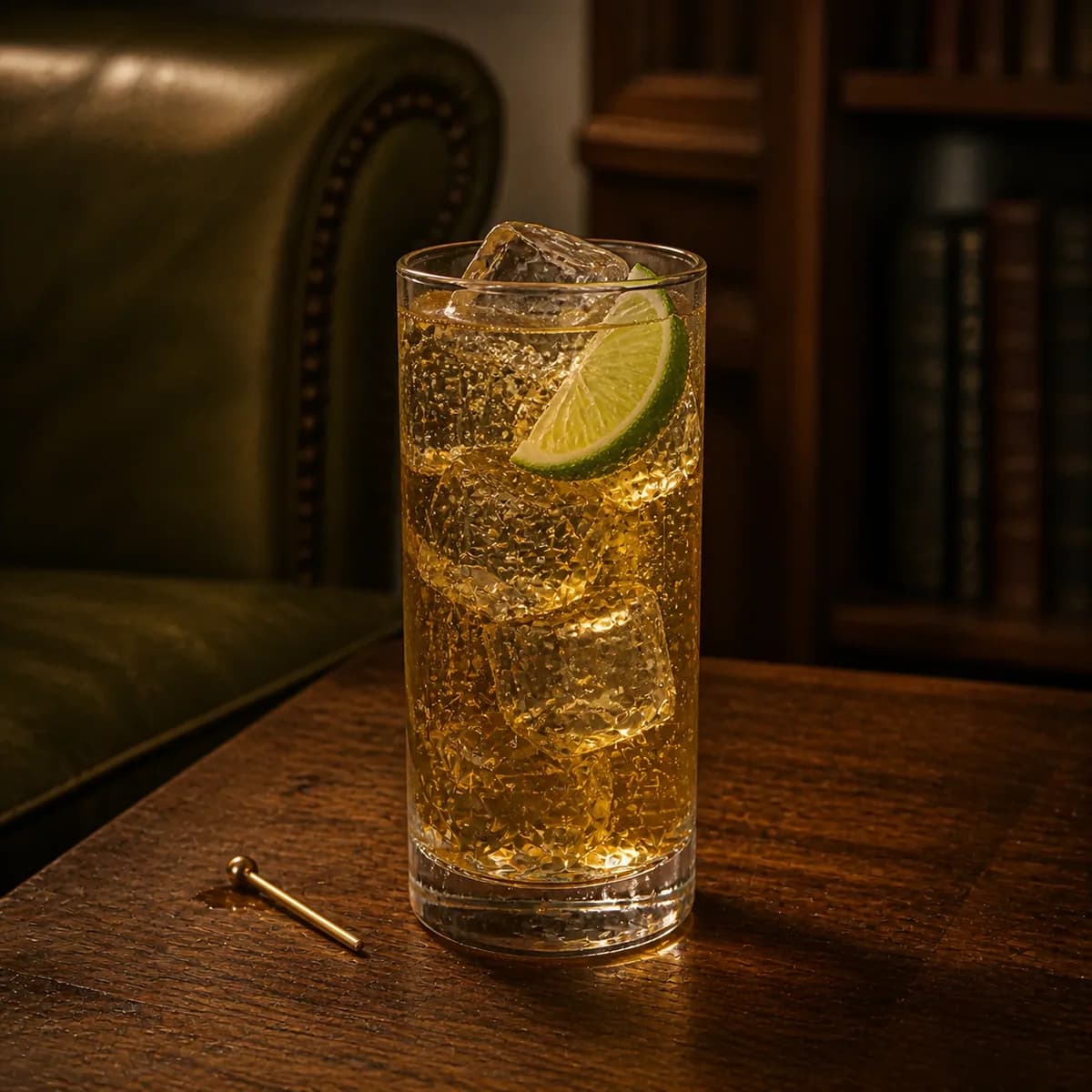 Whiskey Ginger in a tall straight-sided highball glass styled in a private library bar with deep olive leather, natural creases, off-centre seams and aged walnut.