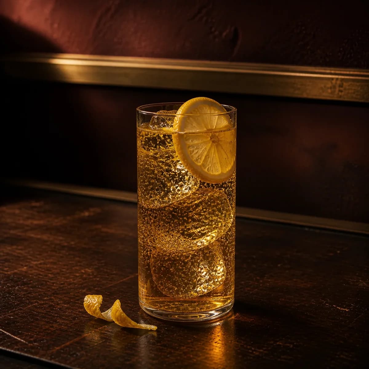 Whiskey Highball in a tall straight-sided highball glass styled in a small jazz bar with oxblood plaster, old brass trim and scratched dark wood.