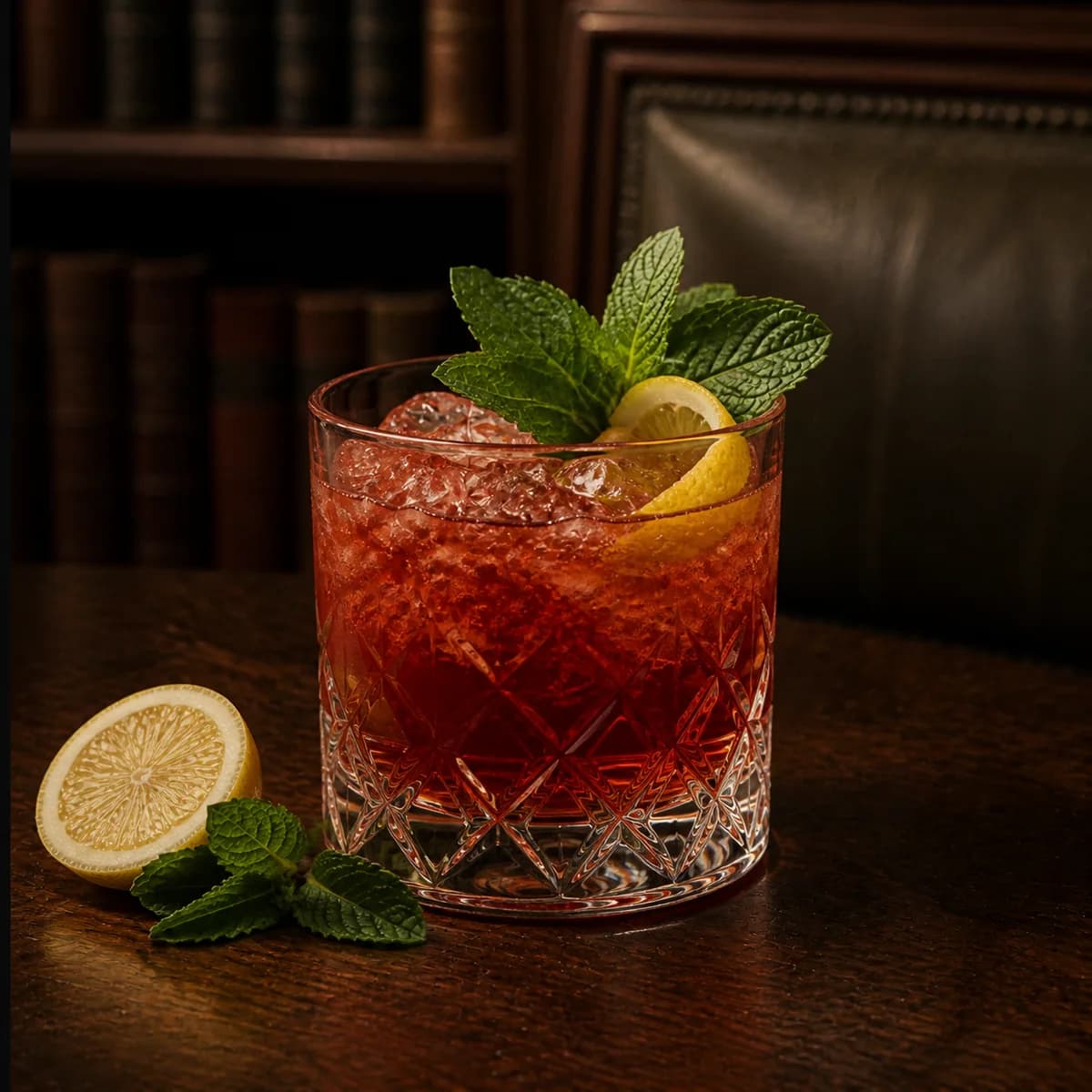 Whiskey Peach Smash in a heavy low rocks glass styled in a private library bar with deep olive leather, natural creases, off-centre seams and aged walnut.
