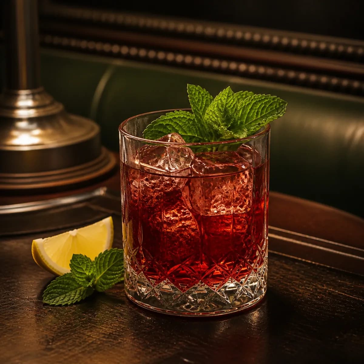 Whiskey Smash in a heavy low rocks glass styled in an old railway club bar with bottle-green leather, mahogany and aged nickel.