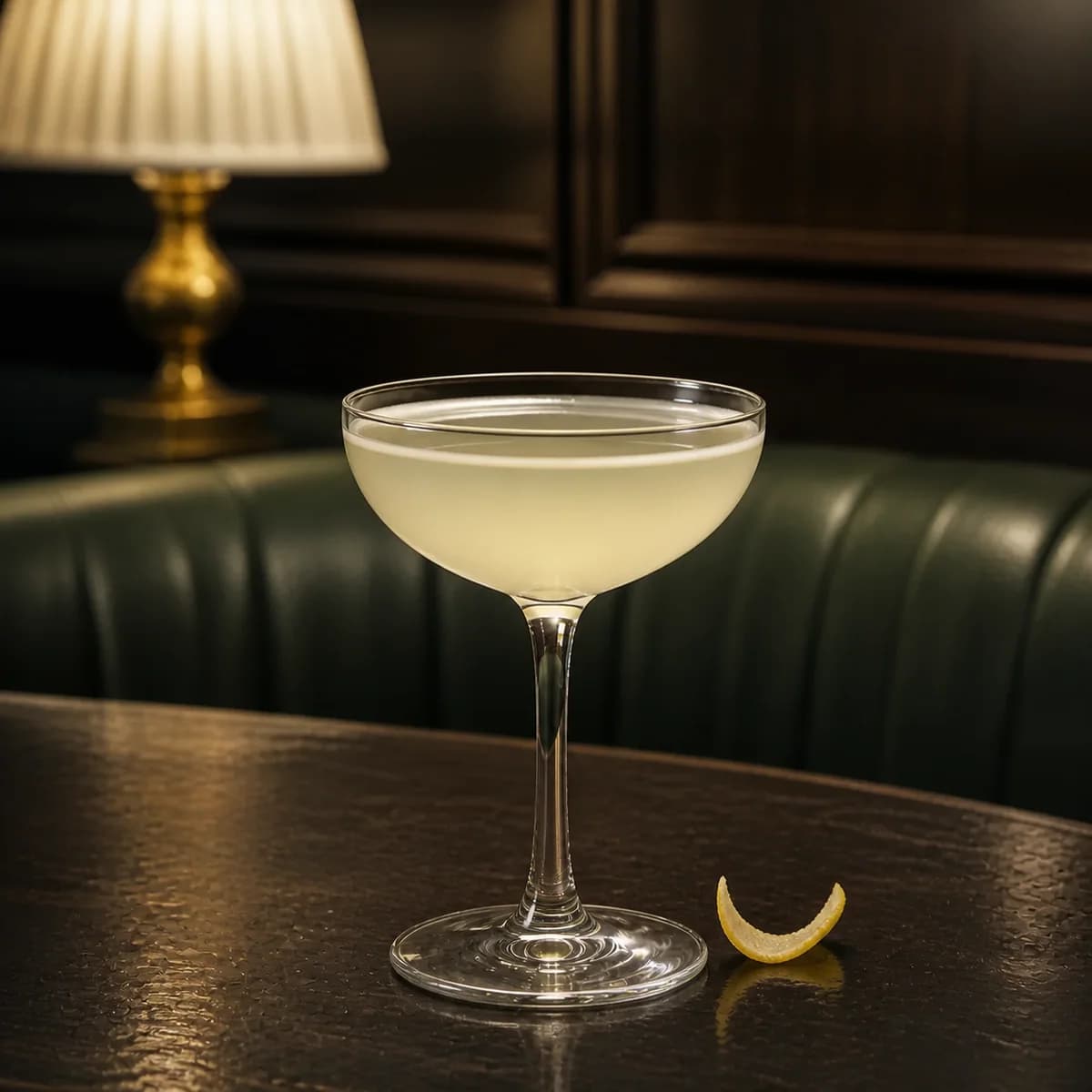 White Lady in a clear shallow coupe styled in a quiet old hotel bar with sage leather, dark oak and one shaded brass lamp.