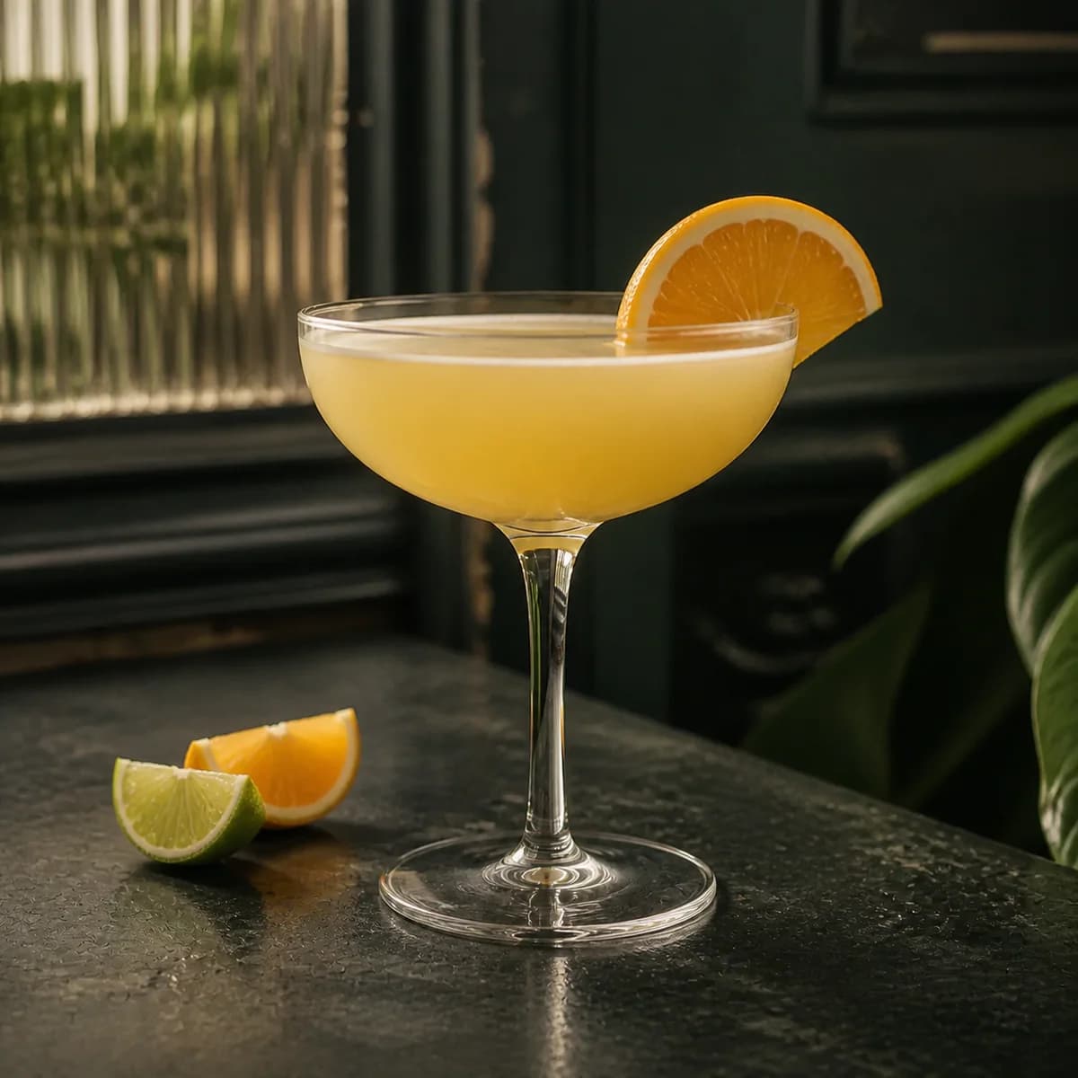 White Rose in a clear shallow coupe styled in a restrained botanical bar with dark green painted wood, ribbed glass and a few out-of-focus leaves.
