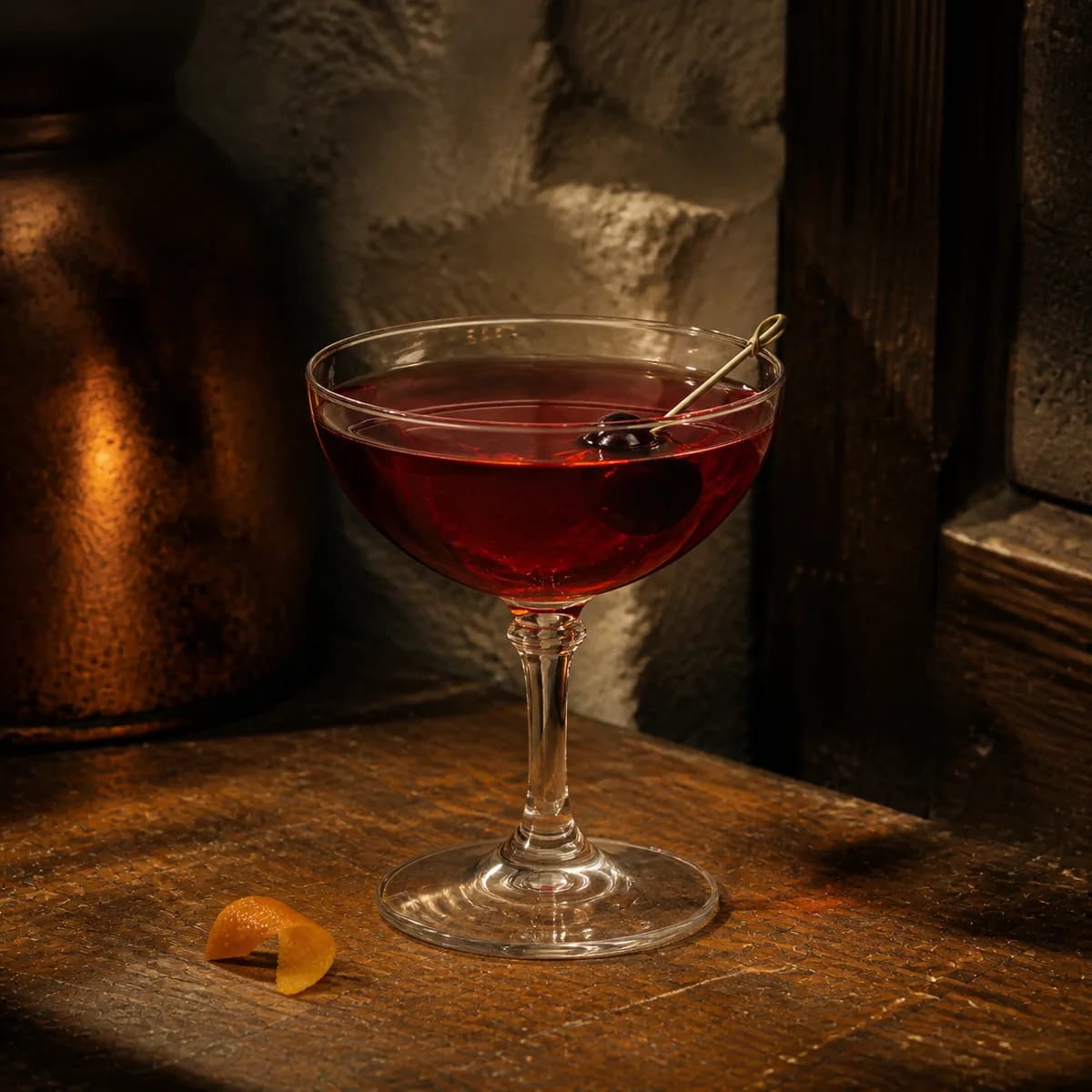 Widow's Kiss in a clear shallow coupe styled in an intimate cellar salon with limewashed masonry, old oak and tarnished copper.