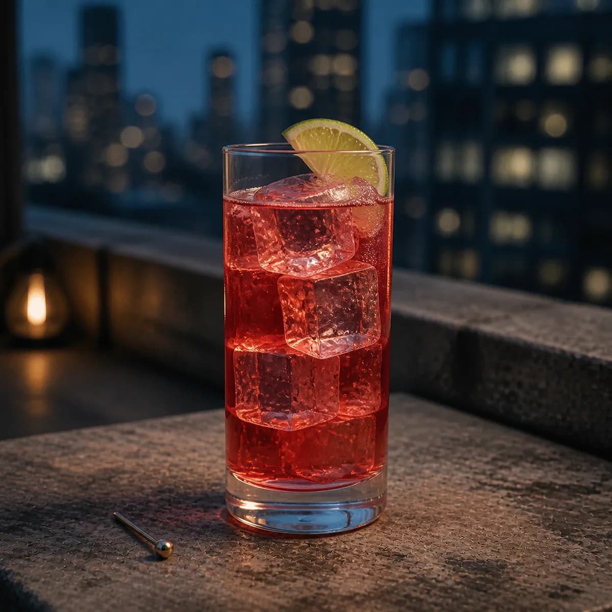 Woo Woo in a tall straight-sided highball glass styled in a city rooftop bar with weathered concrete, dark stone and defocused blue-hour windows.