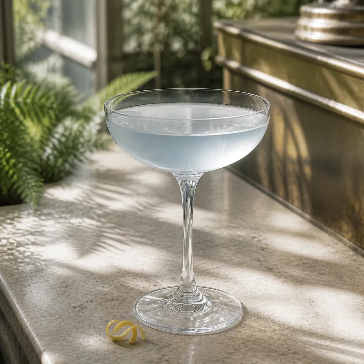 Yale in a clear shallow coupe styled in a glasshouse café bar with pale stone, fern shadows and lightly weathered brass.
