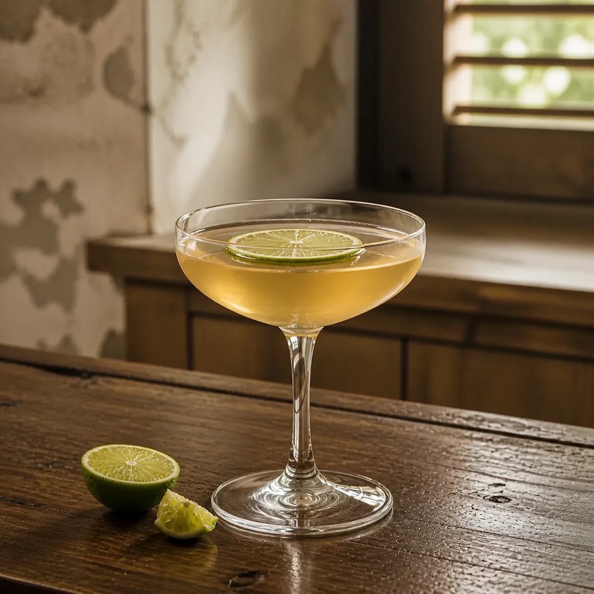 Yellow Bird in a clear shallow coupe styled in an old cane-house bar with pale rough plaster, honeyed wood and a distant slatted window.