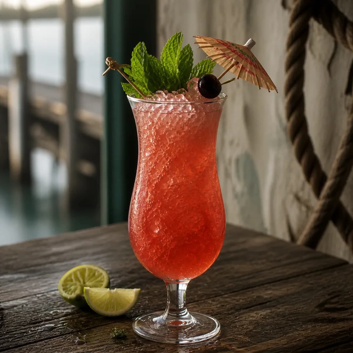 Zombie in a curved hurricane glass styled in a quiet harbor rum bar with salt-worn timber, limewashed walls and one blurred rope detail.