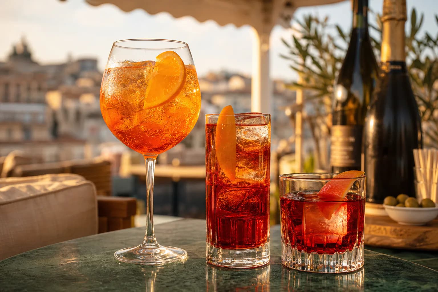 Three bright orange and ruby aperitivo cocktails on an Italian terrace at golden hour.
