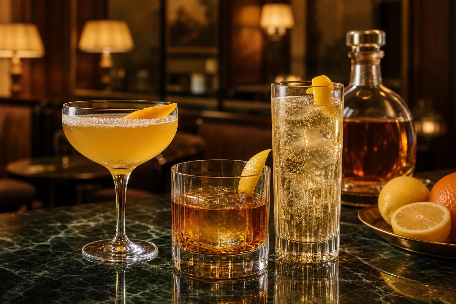 A Sidecar, amber brandy rocks drink and bright brandy highball in a hotel bar.