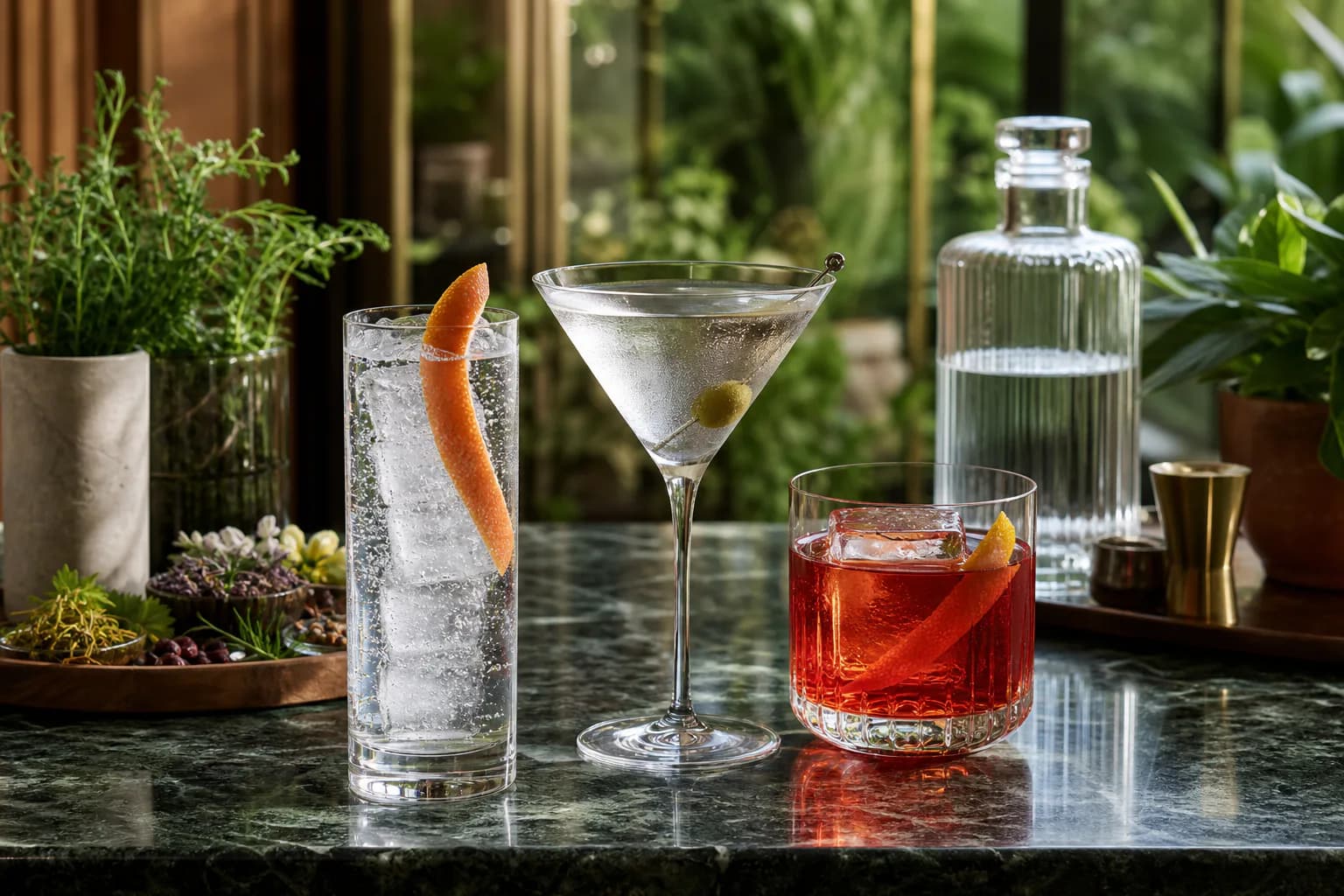 A gin highball, dry Martini and ruby bitter gin cocktail in a botanical bar.