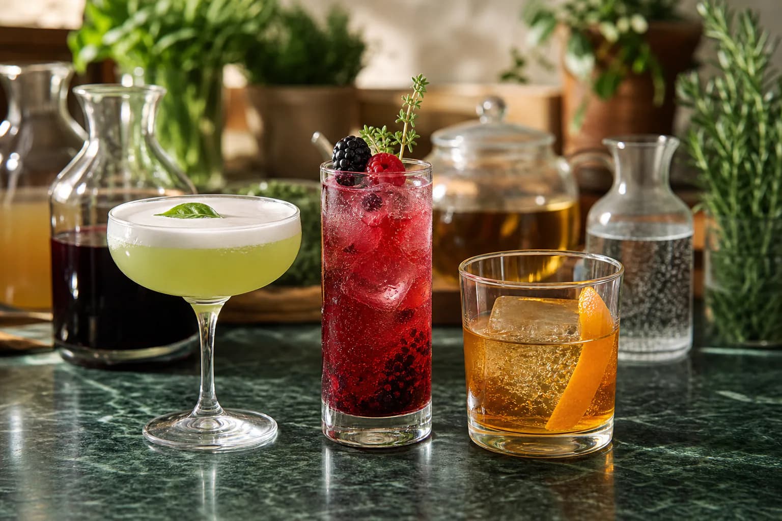 Three sophisticated alcohol-free cocktails made with herbs, berries, tea and citrus.