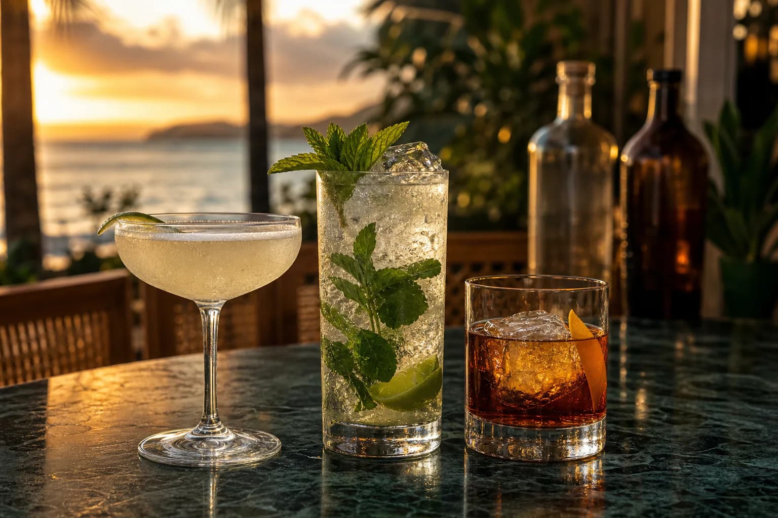 A Daiquiri, minty rum highball and dark rum rocks drink at a sunset terrace bar.