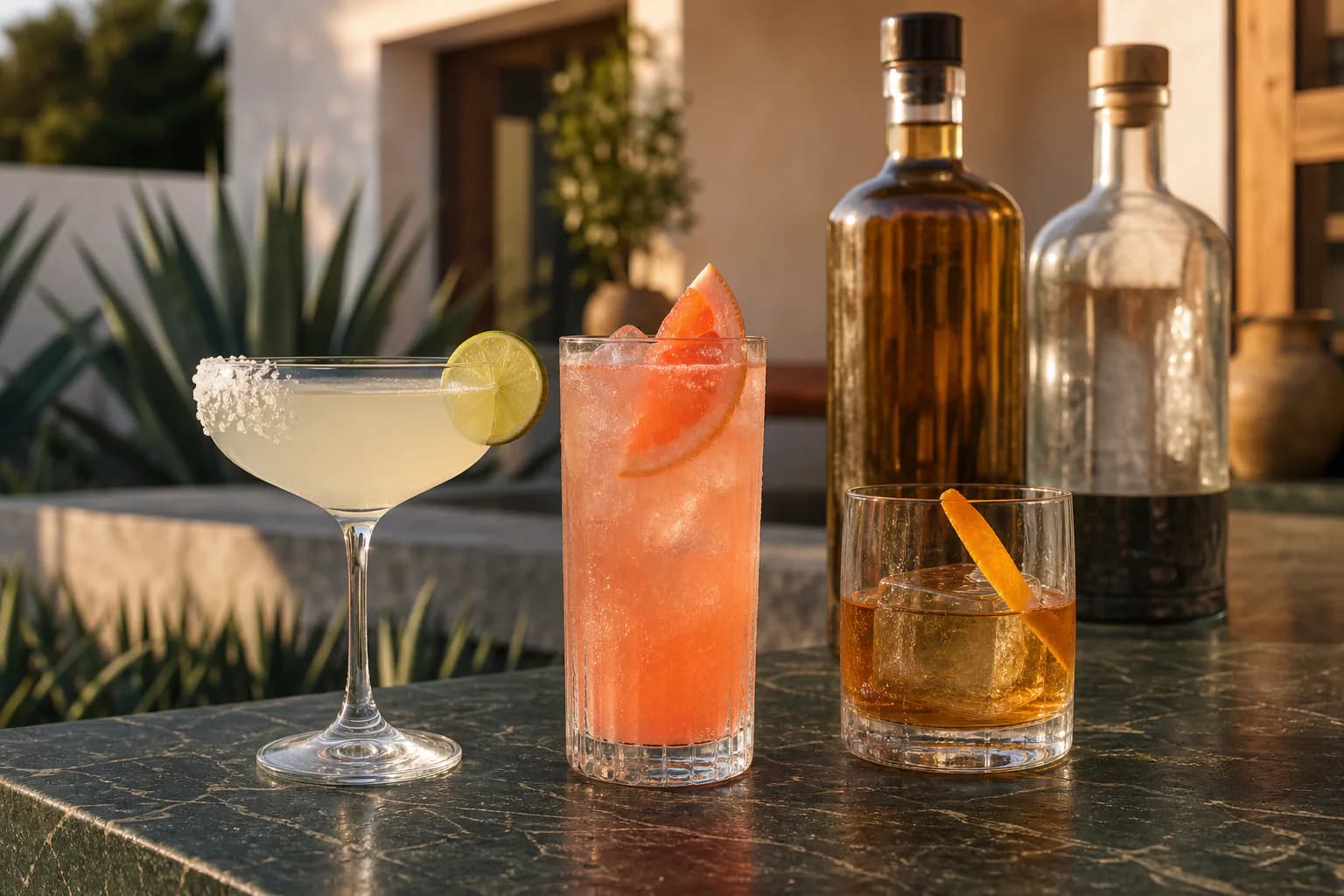 A salt-rimmed Margarita, coral Paloma and mezcal rocks drink on an agave terrace.