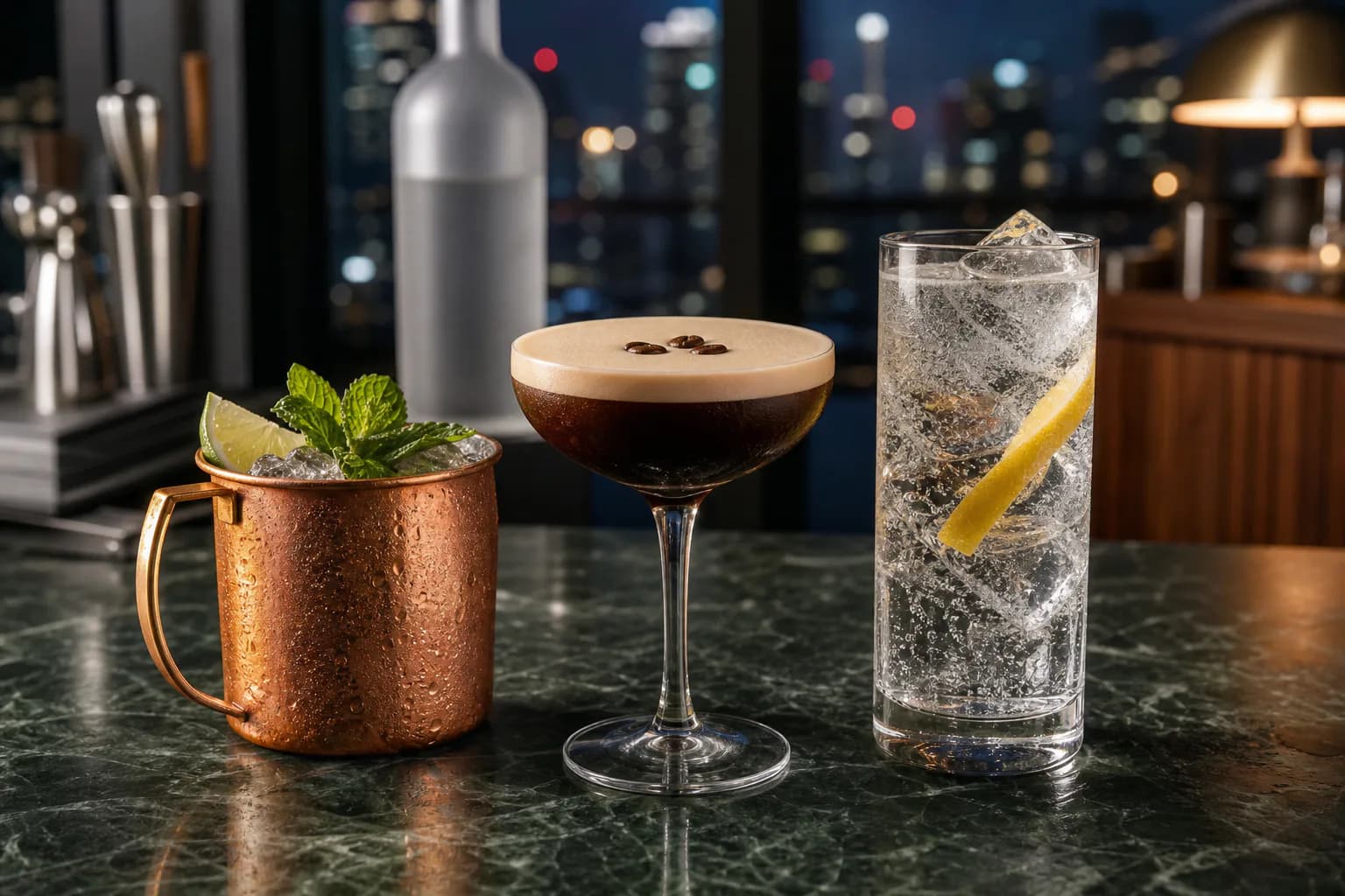 A copper mug, Espresso Martini and clear vodka highball against evening city lights.