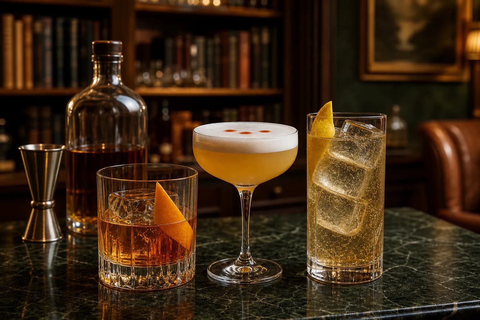 An Old Fashioned, Whiskey Sour and sparkling whiskey highball in a warm library bar.