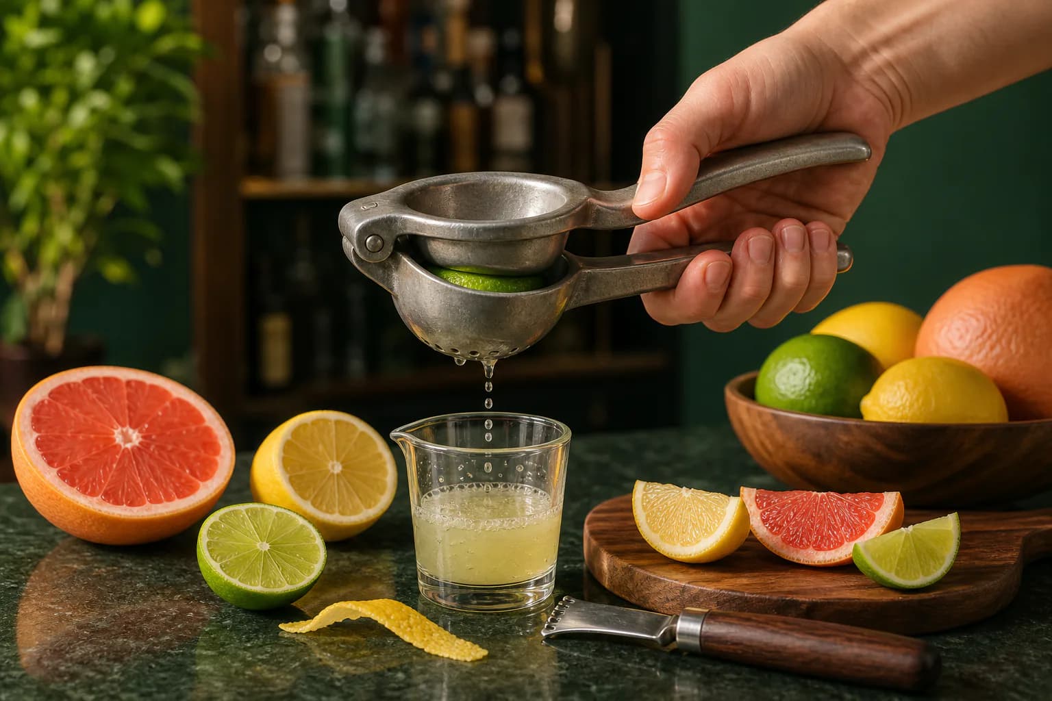 Fresh lime being squeezed through a metal citrus press beside lemon, grapefruit and peel tools.