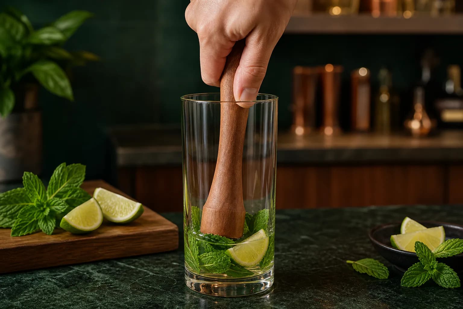 Fresh mint and lime being gently pressed with a broad wooden muddler in a highball glass.